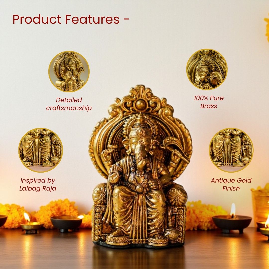 Handmade Brass Ganesha Idol for Car Dashboard | Lalbaugcha Raja Ganpati Murti