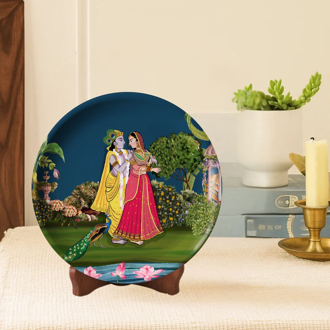Radha-Krishna Wall Plate with Wooden Stand