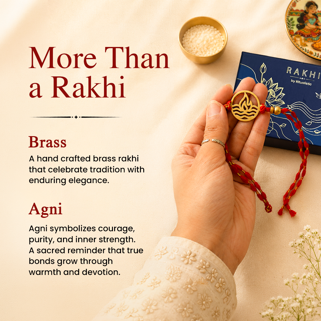 Brass Agni Rakhi with Set of 2 Sibling Fridge Magnets & Gift Box