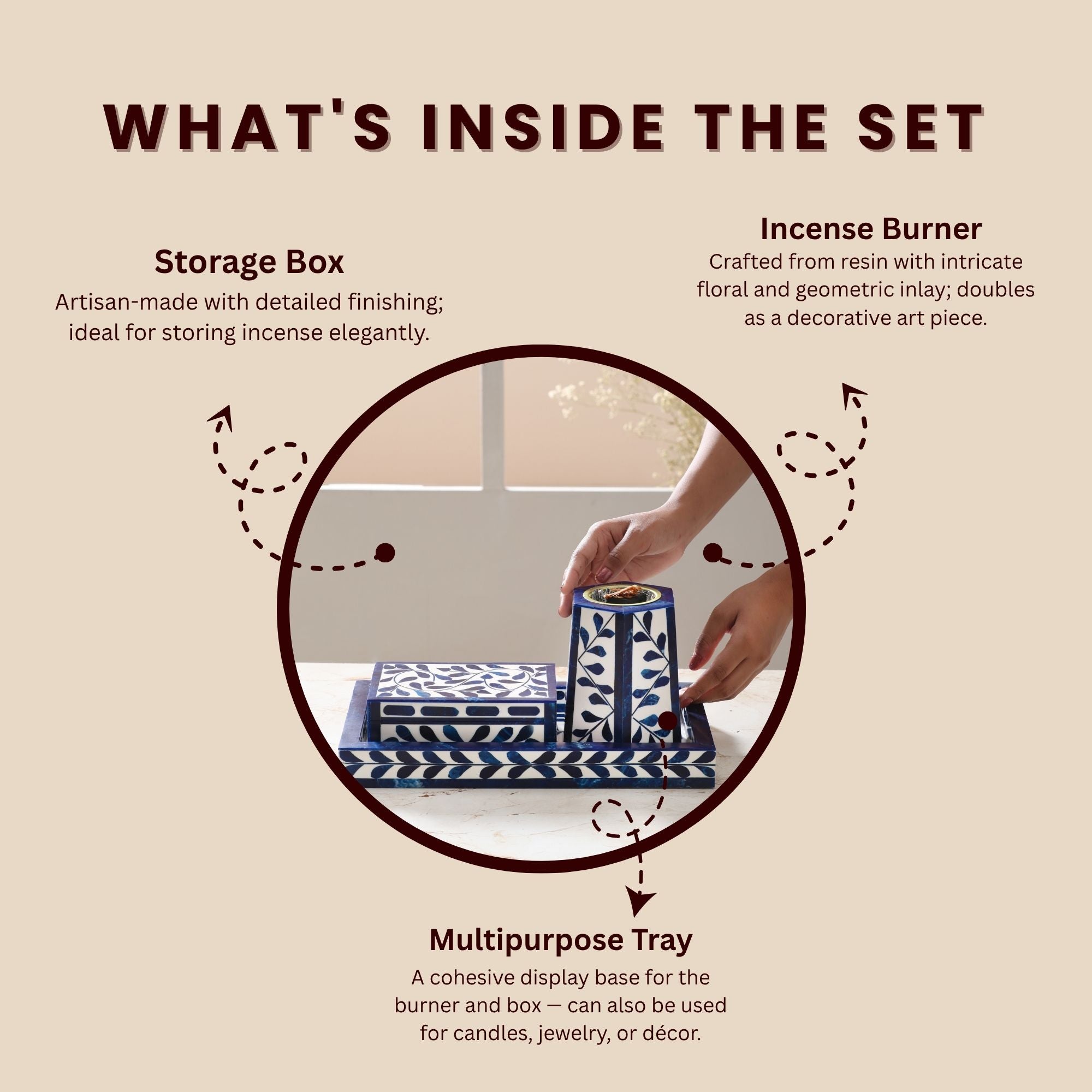 Artistic Bakhoor Set with Incense Holder, Storage and Multipurpose tray - Indigo