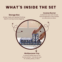 Artistic Bakhoor Set with Incense Holder, Storage and Multipurpose tray - Indigo