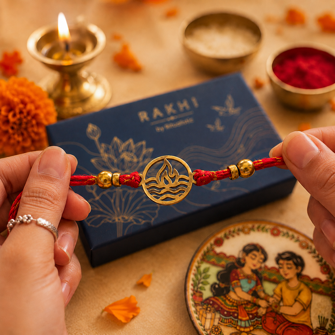 Brass Agni Rakhi with Set of 2 Sibling Fridge Magnets & Gift Box