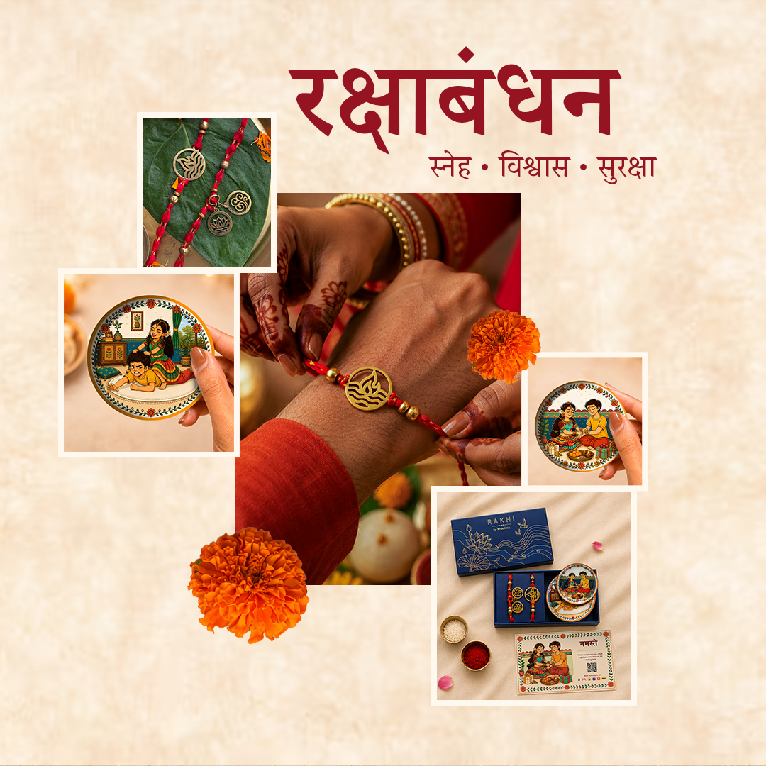 Brass Agni Rakhi & Charms Lumba Bracelet with Set of 2 Sibling Fridge Magnets & Gift Box