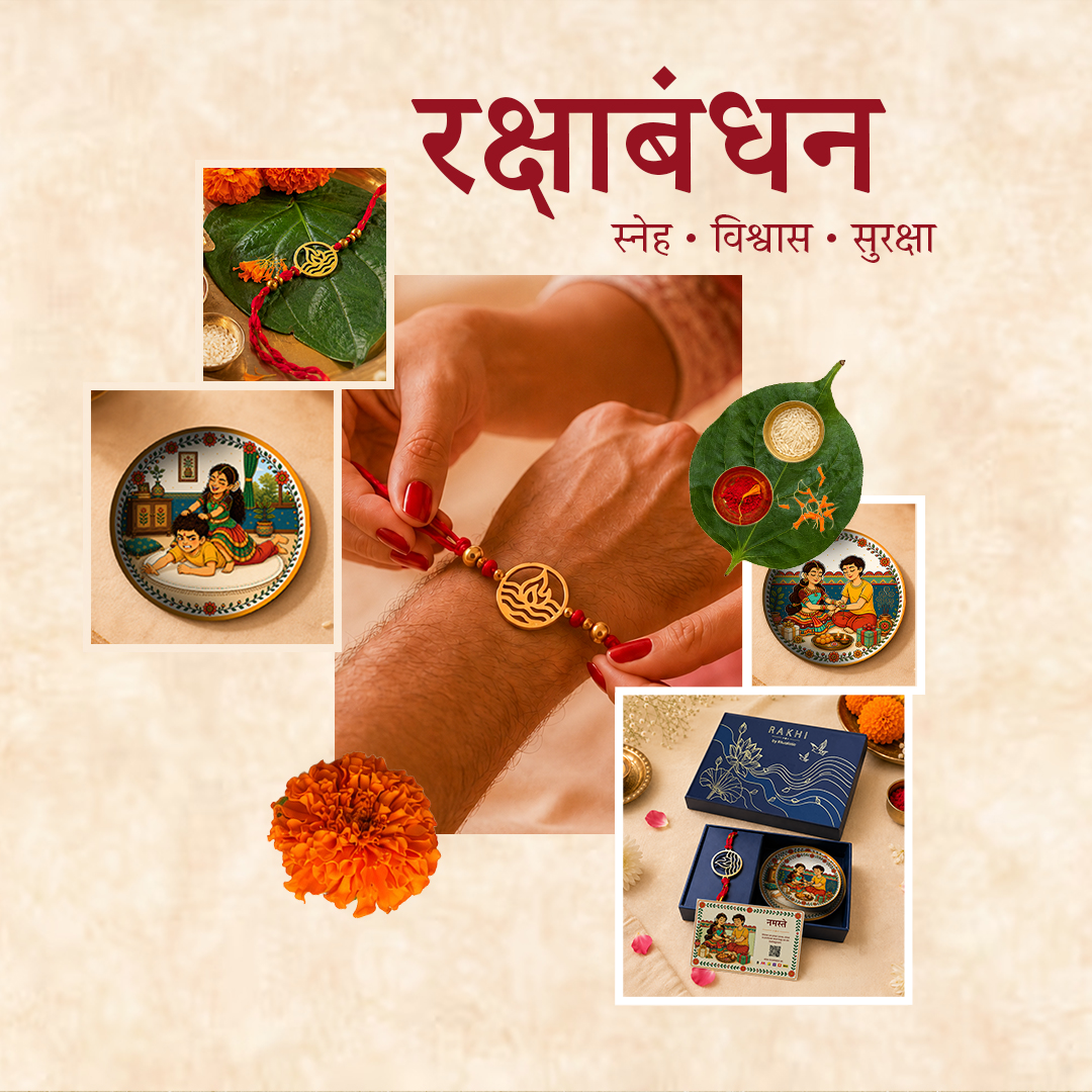 Brass Agni Rakhi with Set of 2 Sibling Fridge Magnets & Gift Box