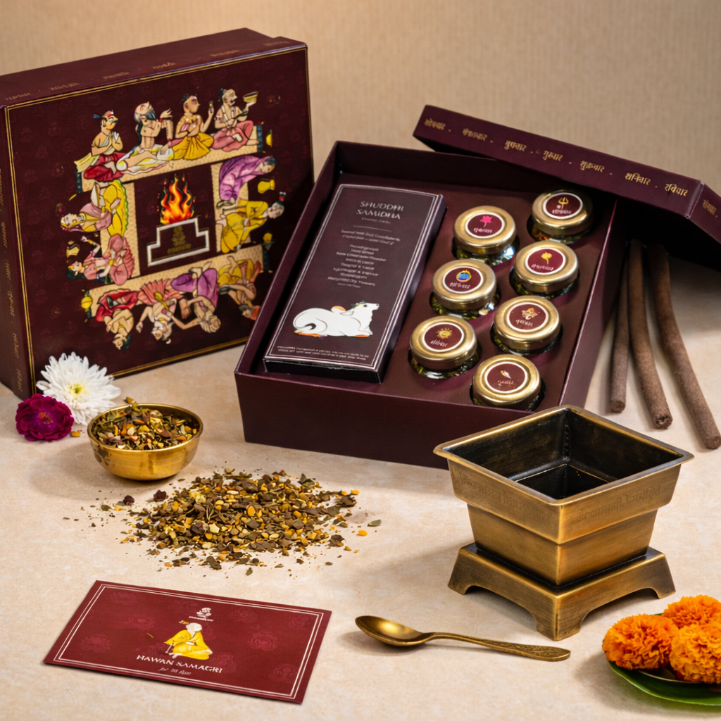 Hawan Samagri 8-in-1 Monthly Ritual Box – 7 Days of Devotion & Divine Energy with Organic Samidha Sticks (20gms each)