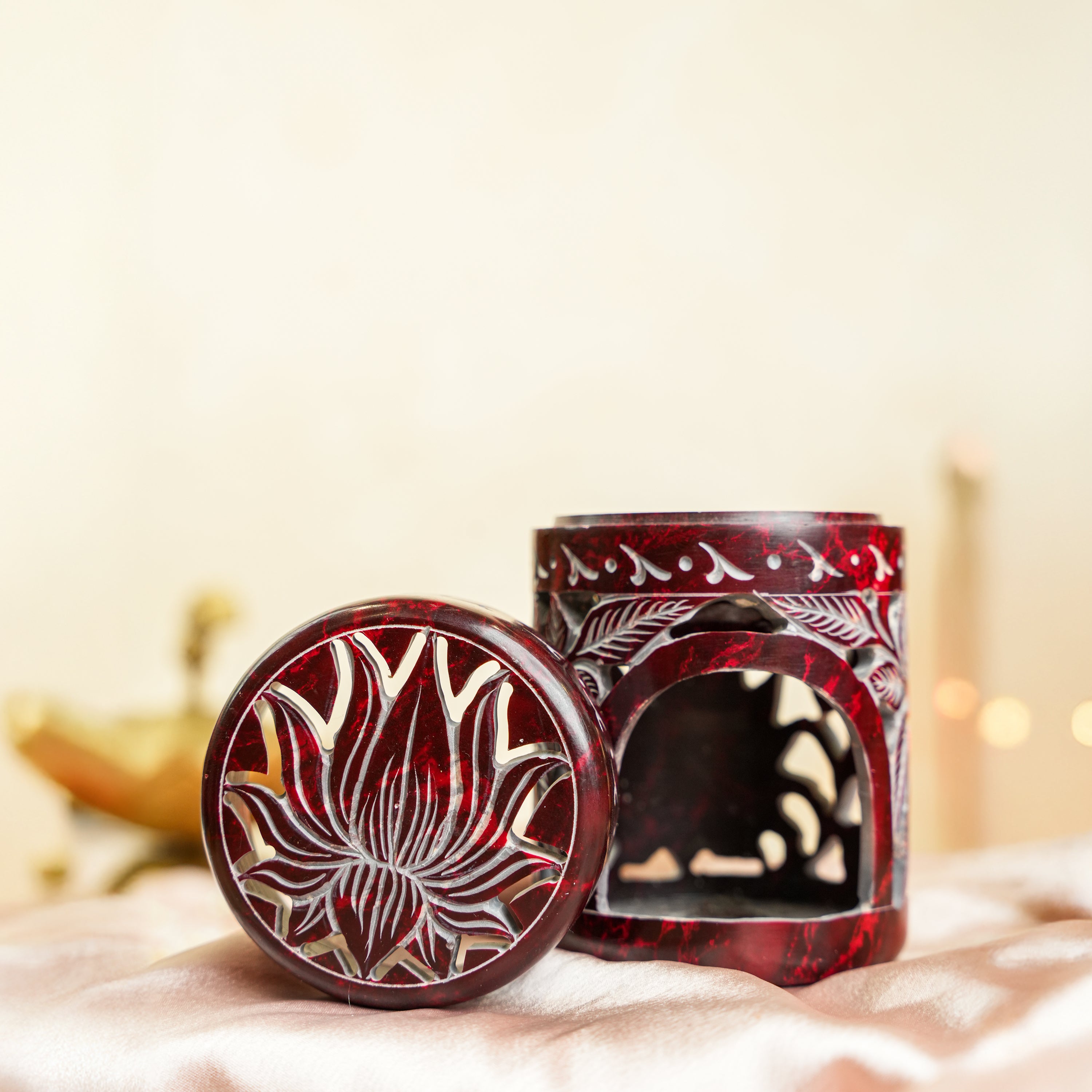 Neerja Maroon Hand Carved Lotus Soapstone Burner Diffuser
