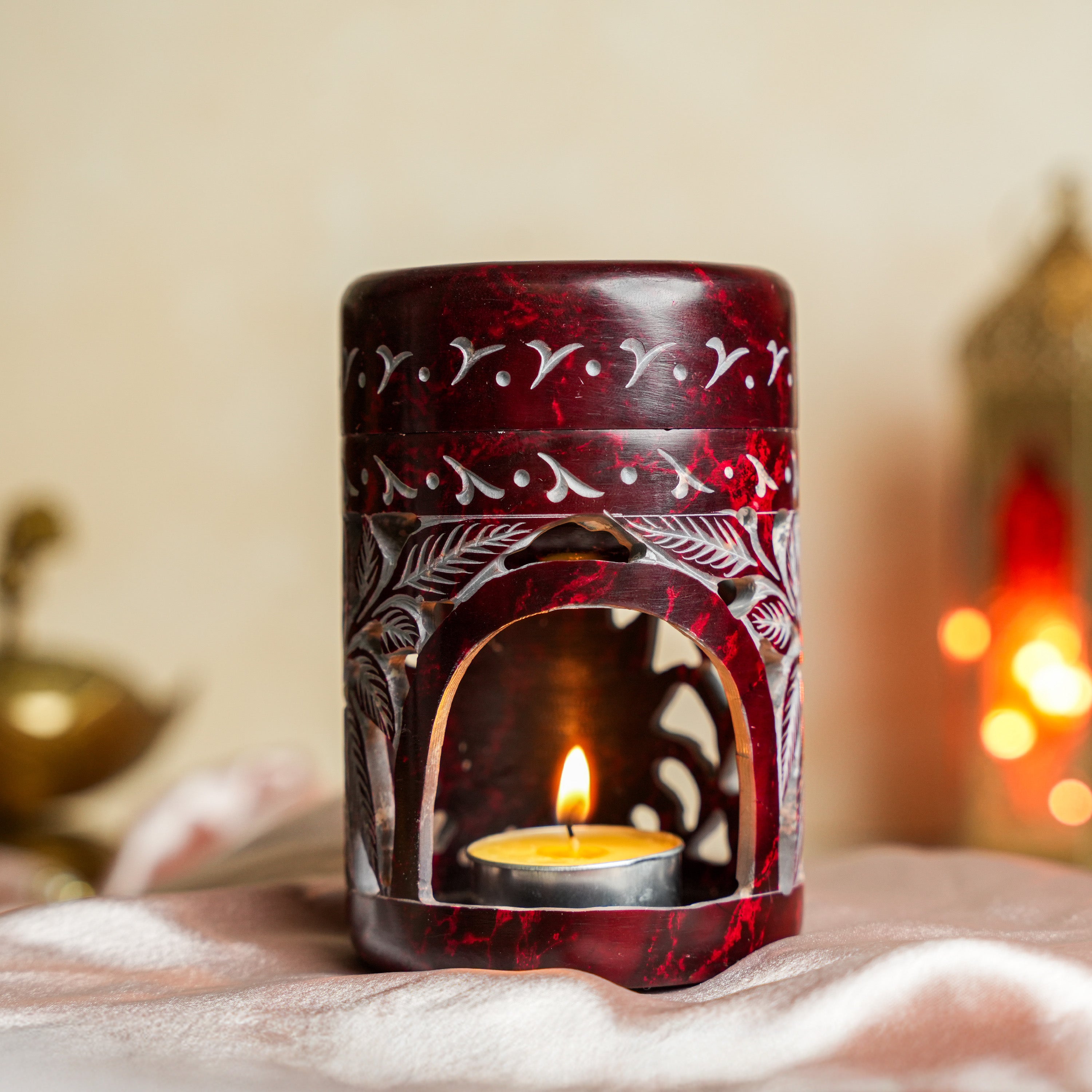 Neerja Maroon Hand Carved Lotus Soapstone Burner Diffuser