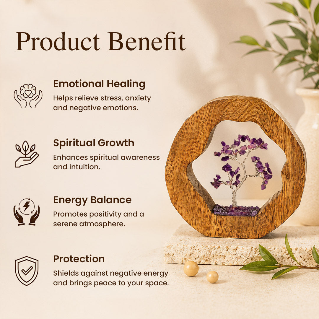 Amethyst Crystal Tree with Wooden Ring – Spiritual Home Decor