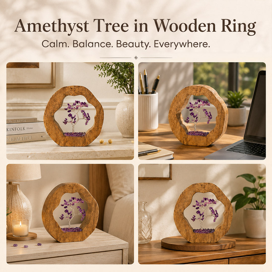 Amethyst Crystal Tree with Wooden Ring – Spiritual Home Decor