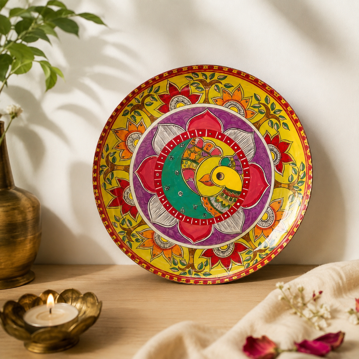Madhubani Peacock Motif Table Top & Wall Plate – 8 Inch with Stand