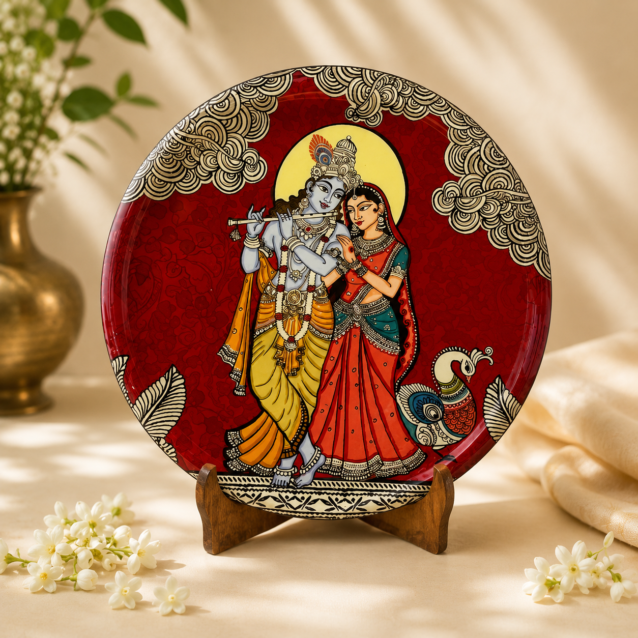 Radha Krishna Kalamkari Art Table Top & Wall Plate – 8 Inch with Stand