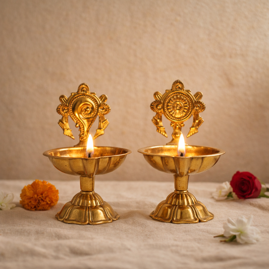 Brass Shankh & Chakra Jyoti Diya-Set of 2
