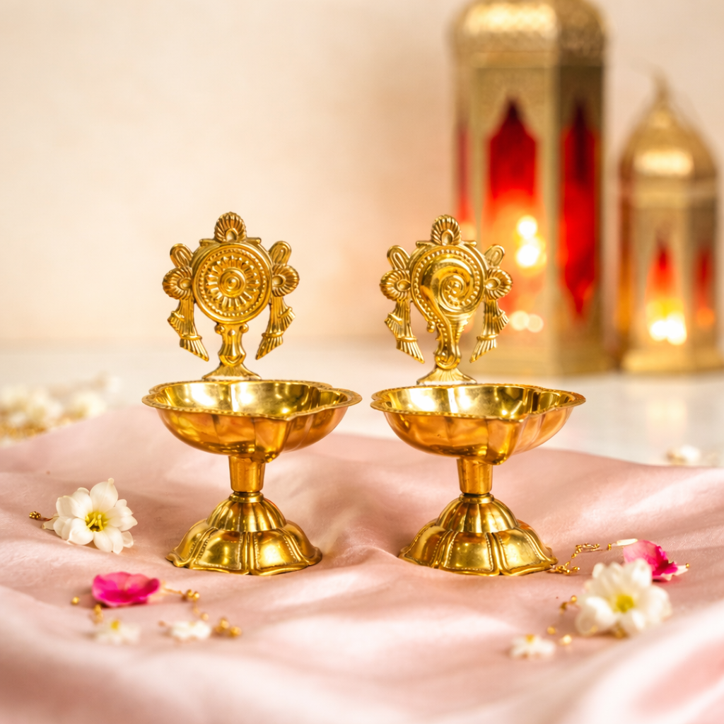 Brass Shankh & Chakra Jyoti Diya-Set of 2