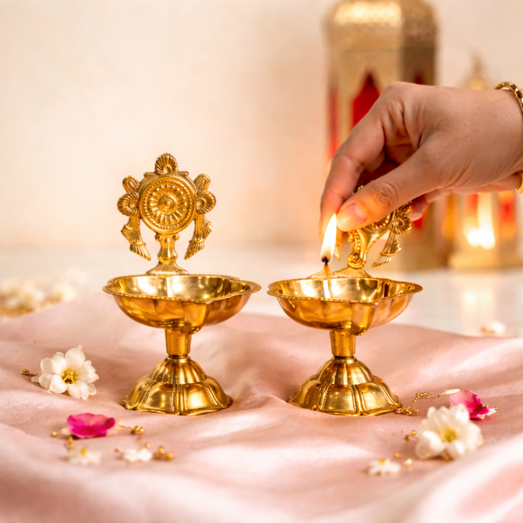 Brass Shankh & Chakra Jyoti Diya-Set of 2