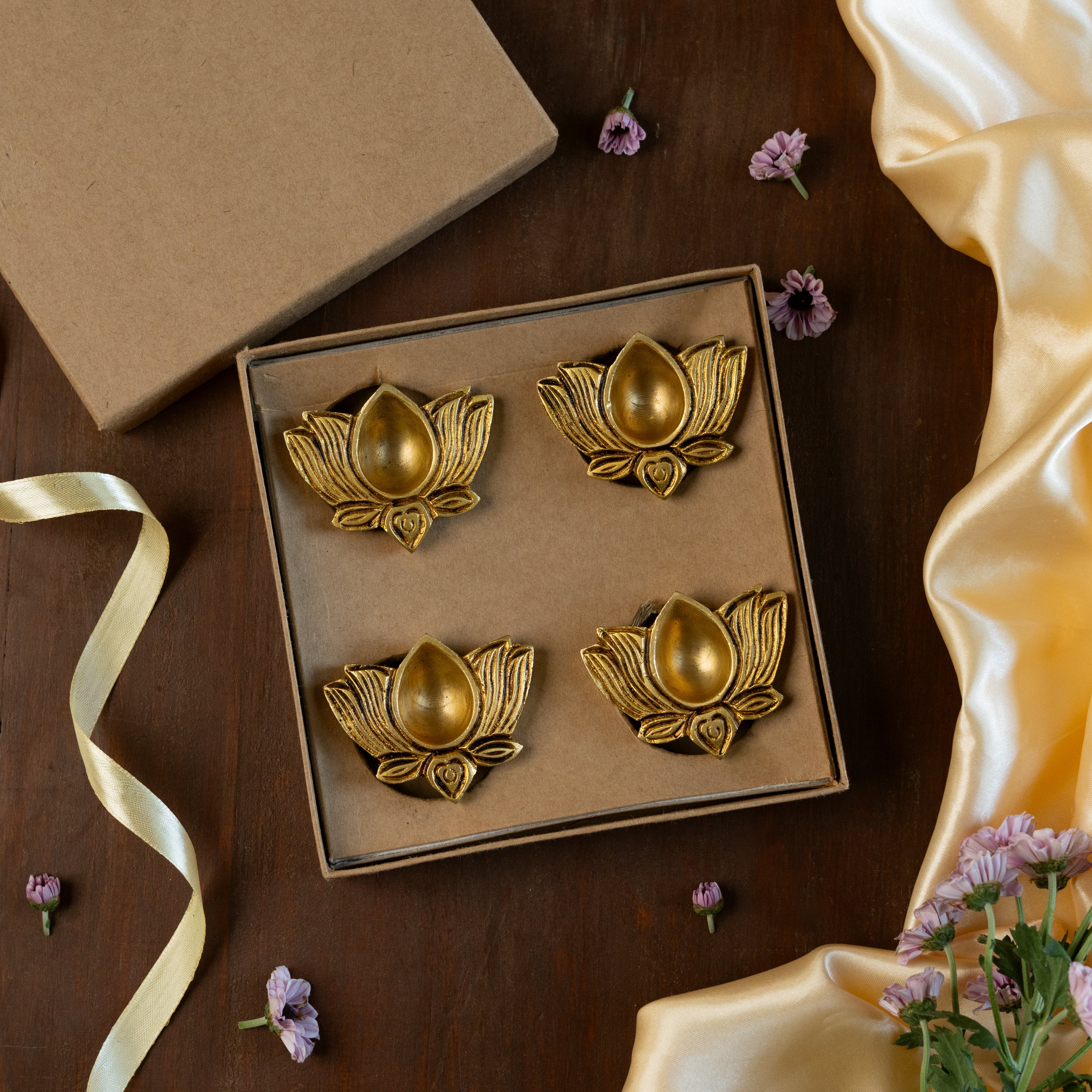 Festive Brass Lotus Diyas- Set of 4- Gift Box