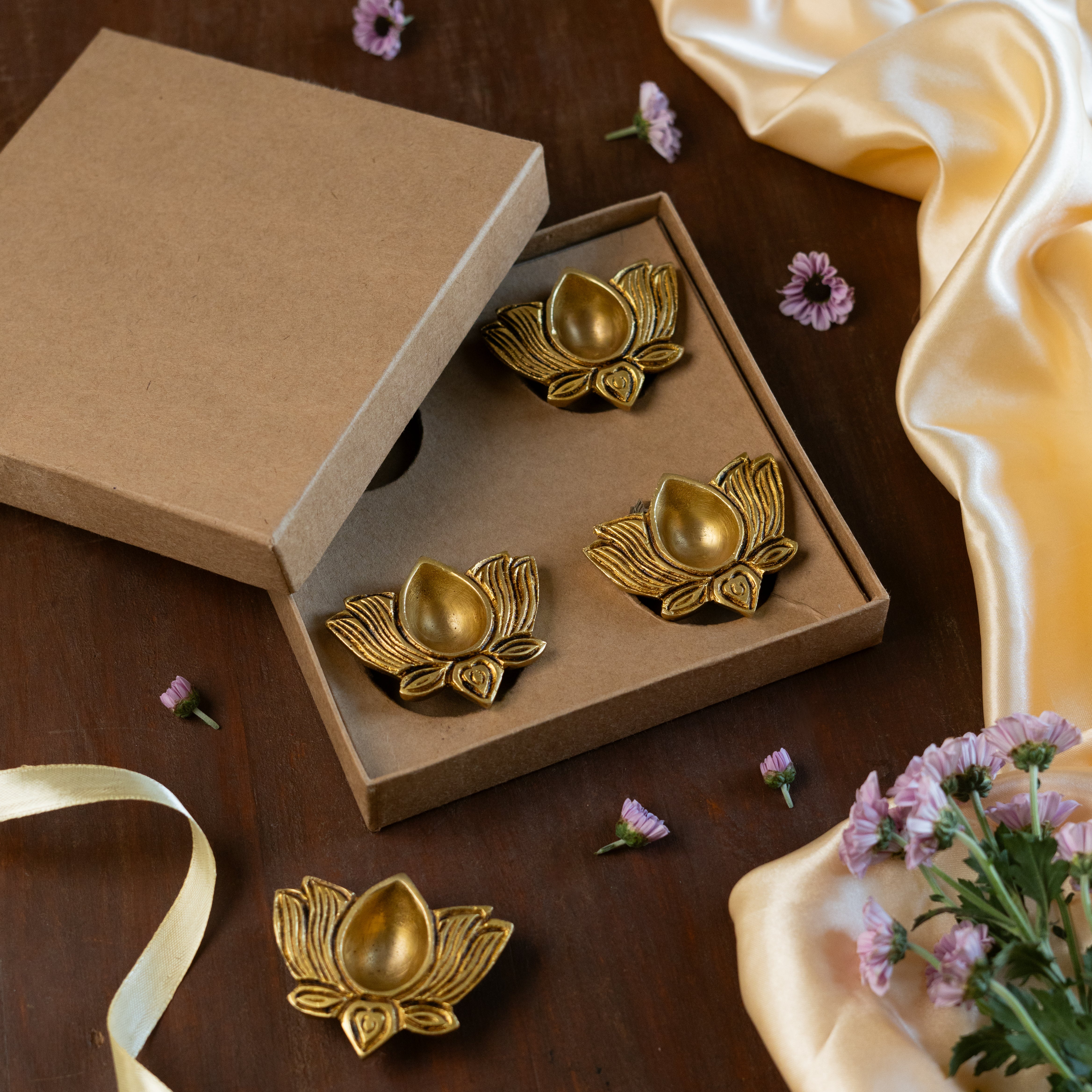 Festive Brass Lotus Diyas- Set of 4- Gift Box