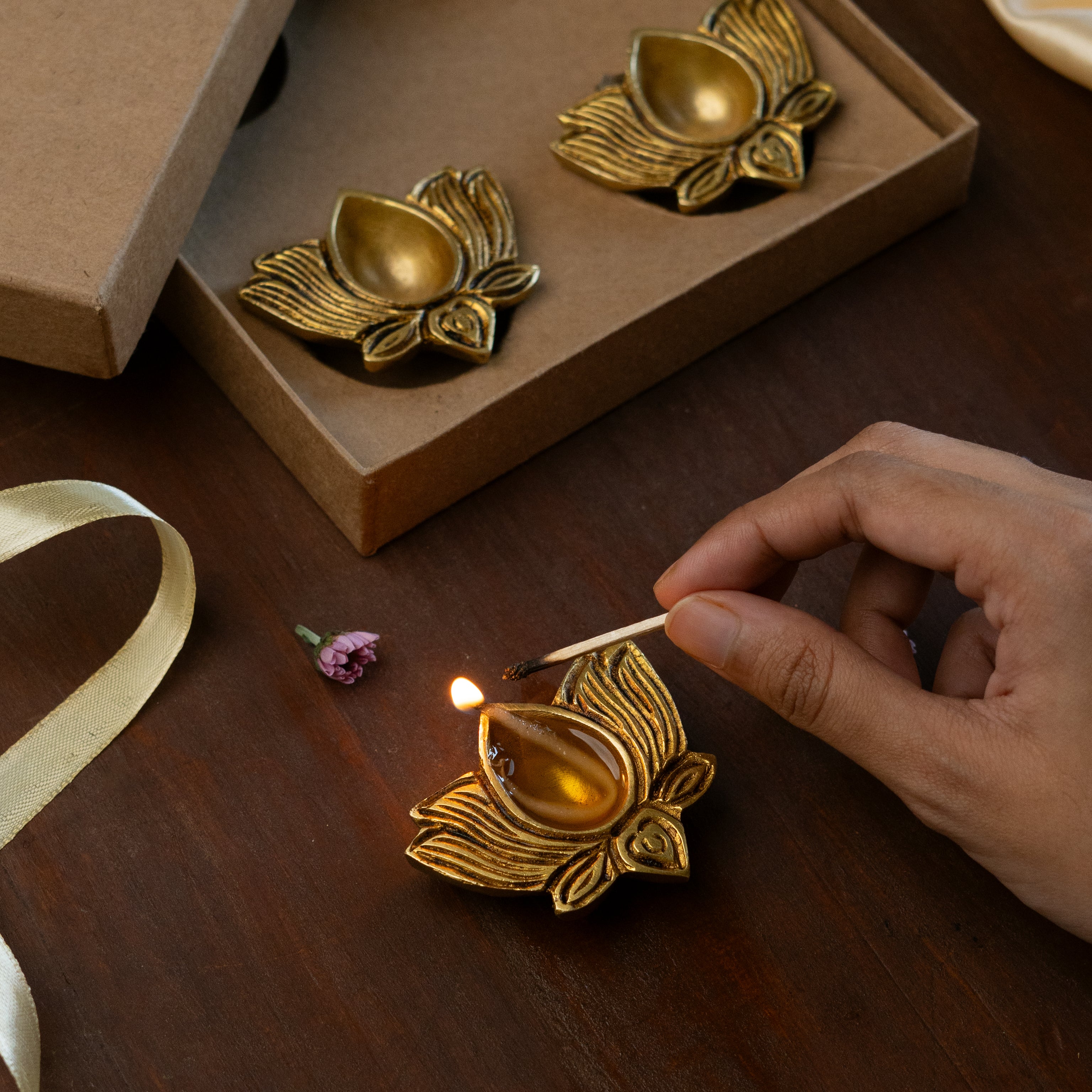 Festive Brass Lotus Diyas- Set of 4- Gift Box