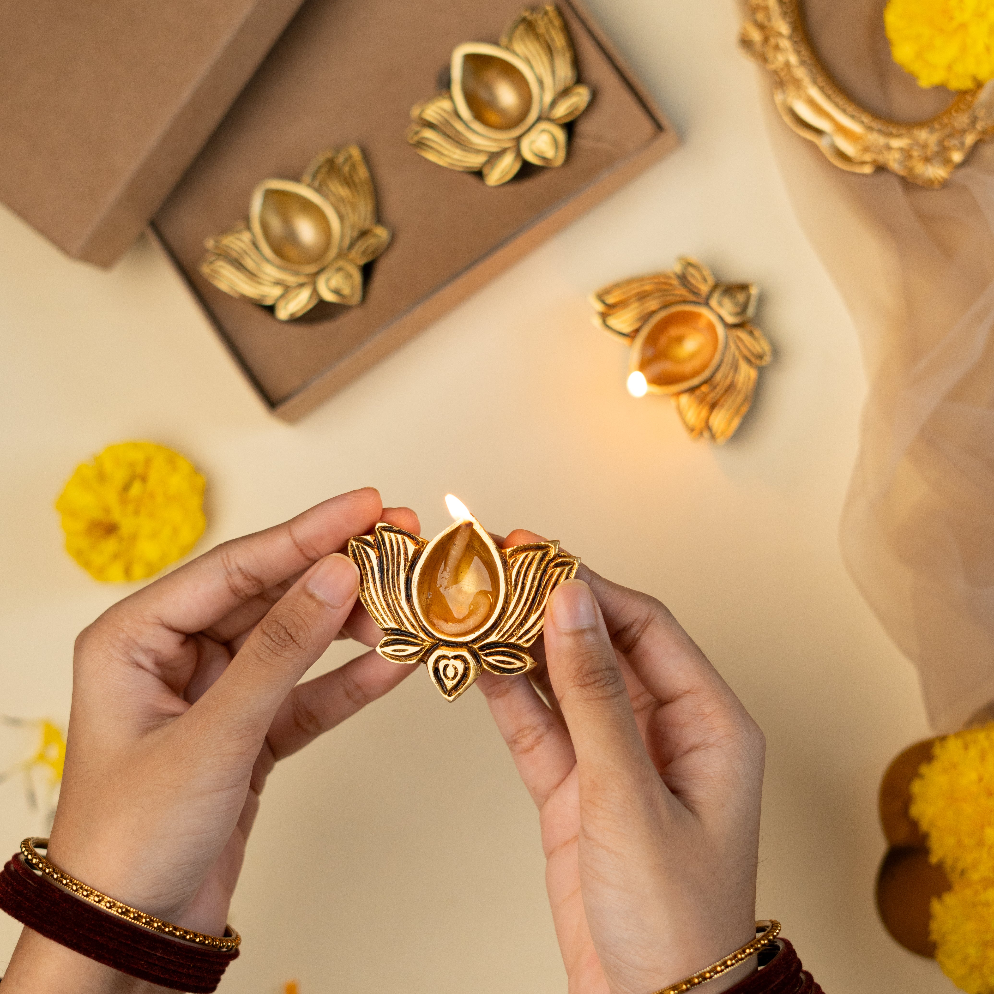 Festive Brass Lotus Diyas- Set of 4- Gift Box