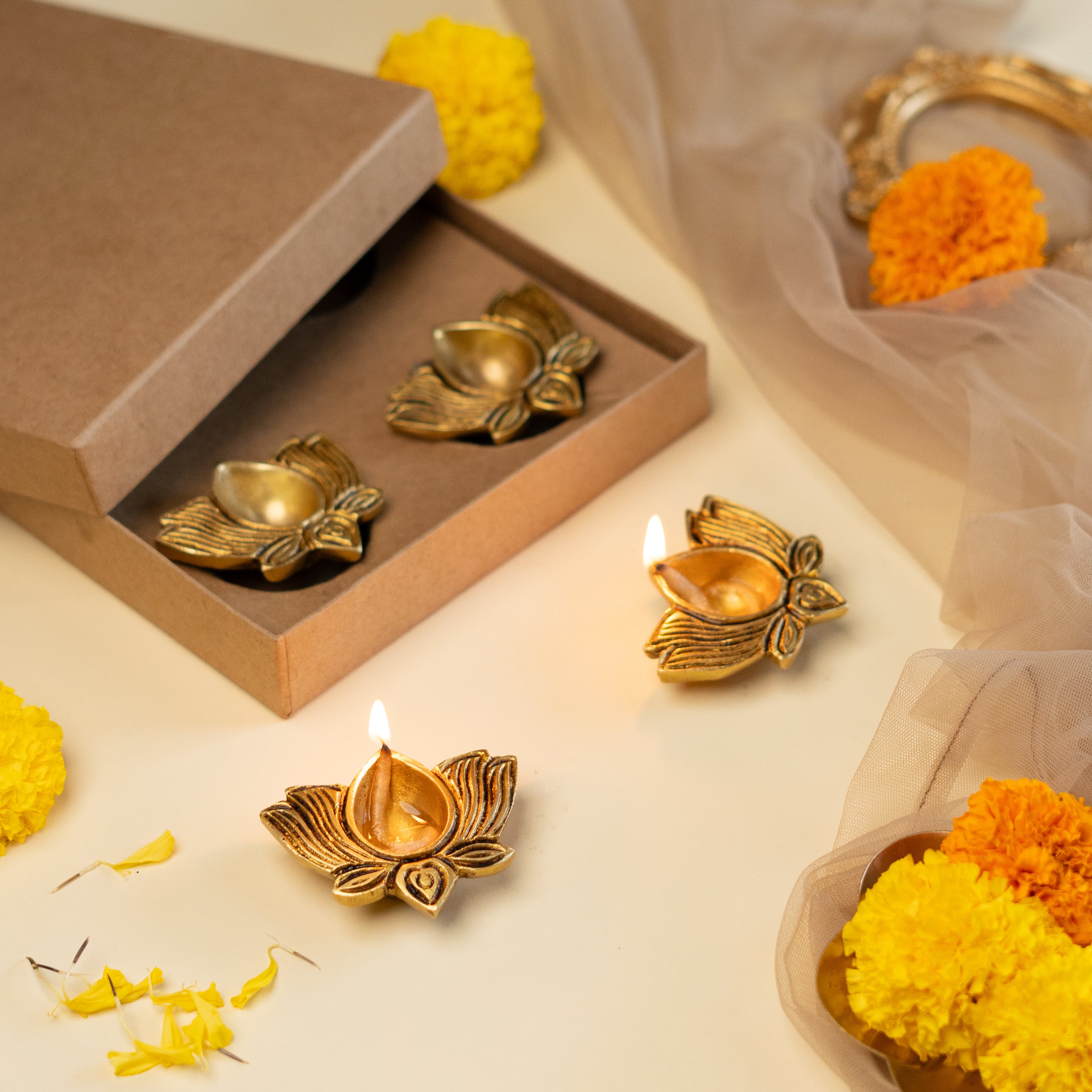 Festive Brass Lotus Diyas- Set of 4- Gift Box