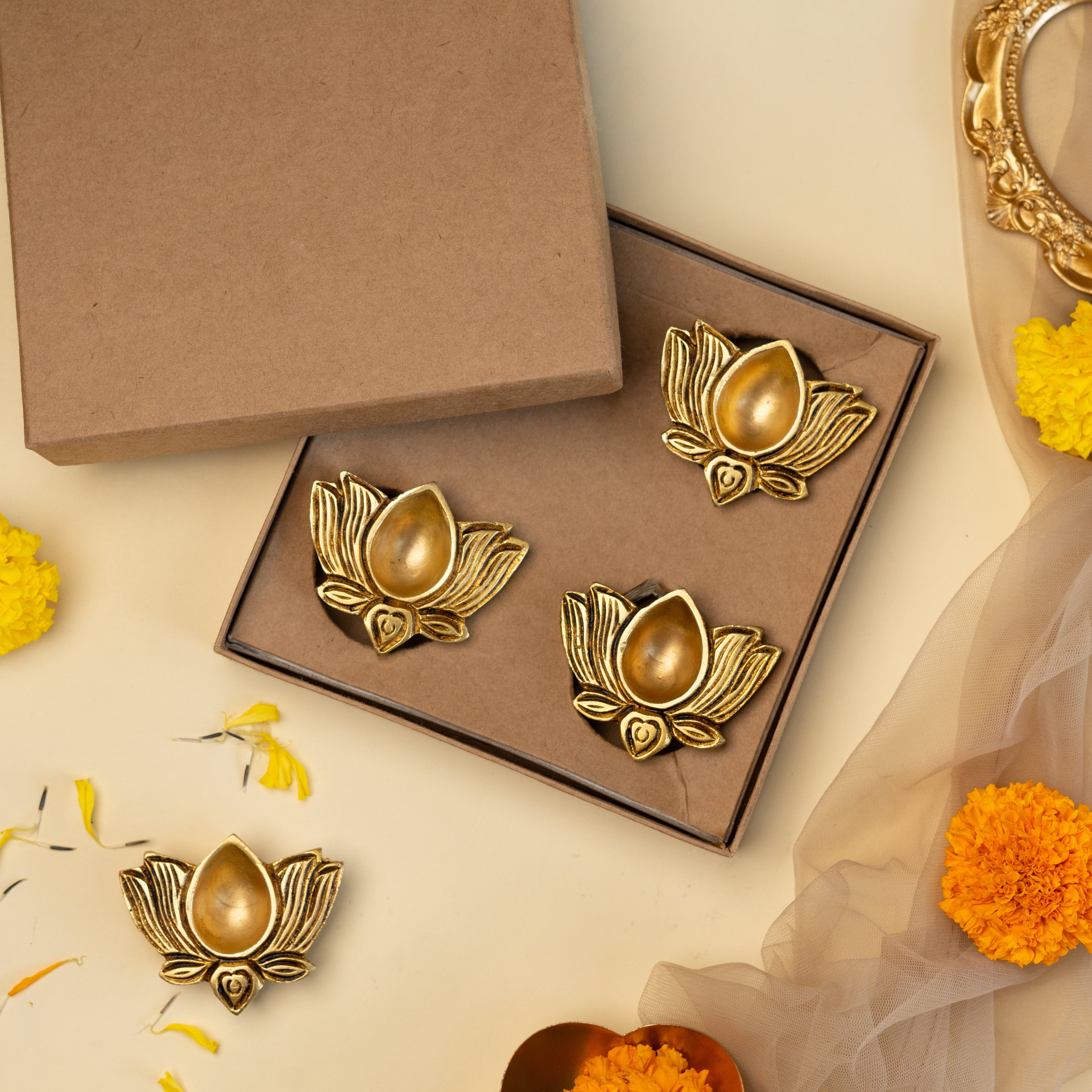 Festive Brass Lotus Diyas- Set of 4- Gift Box