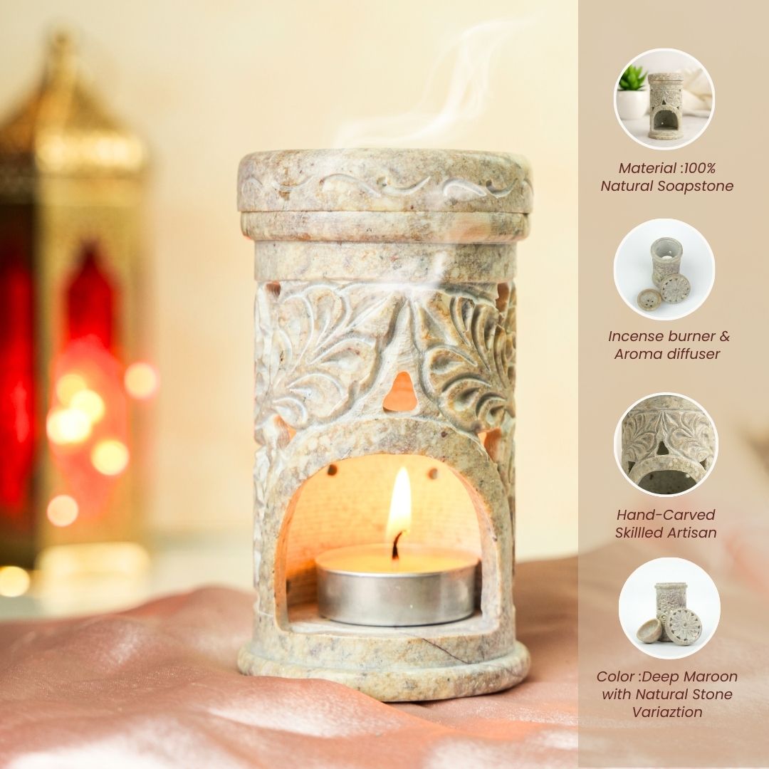 Gulzar White Flower Hand-carved Soapstone Burner Diffuser