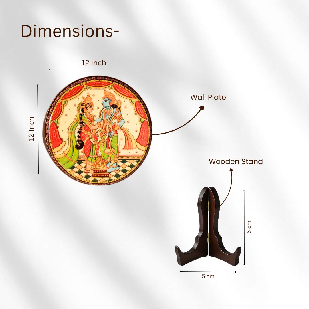 Sita-Ram Wedding Diwali Pattachitra Wall plate with Wooden Stand - 12 inches