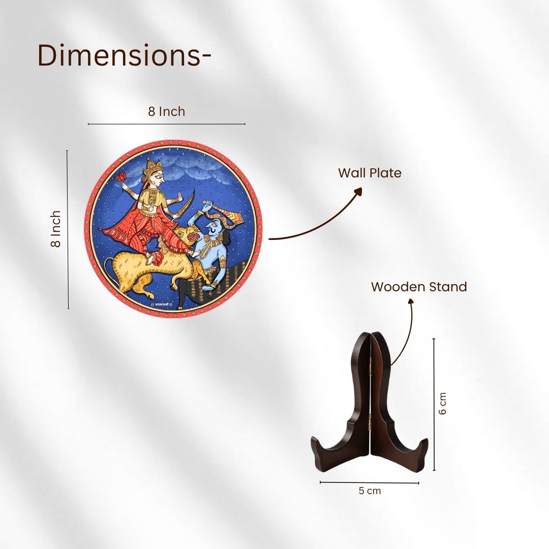 Goddess Durga & demon Folk Art  Wall plate with Wooden Stand - 8 inches