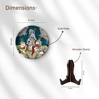 Dwarka Krishna with his Cows Kalamkari Wall plate with Wooden Stand - 8 inches