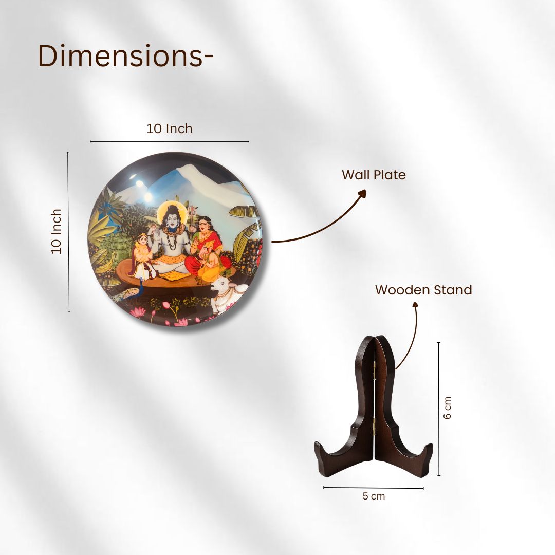 Shiv Parivar in Kailasha Art Wall plate with Wooden Stand - 10 inches