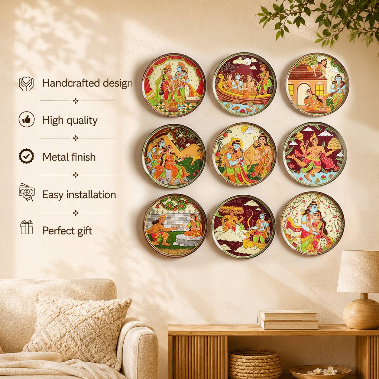 Ramayan Bengal Pattachitra Wall Plates -Set of 9