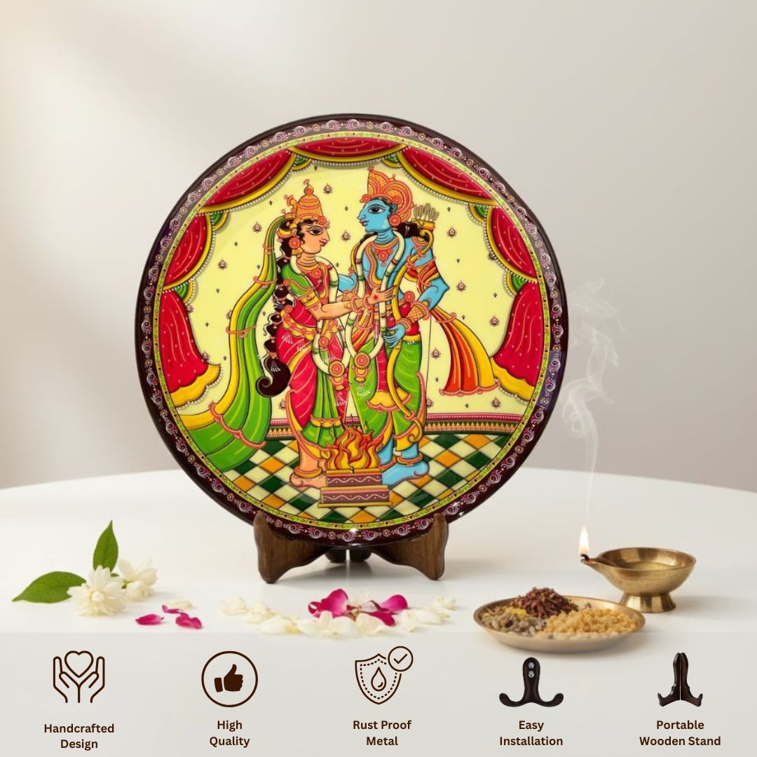 Sita-Ram Wedding Diwali Pattachitra Wall plate with Wooden Stand - 12 inches