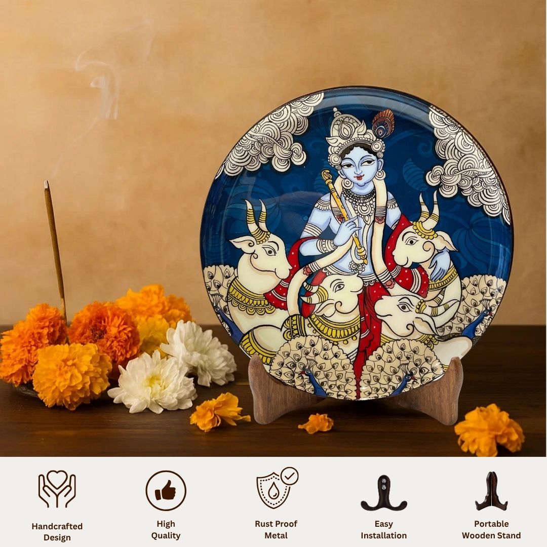 Dwarka Krishna with his Cows Kalamkari Wall plate with Wooden Stand - 8 inches