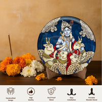 Dwarka Krishna with his Cows Kalamkari Wall plate with Wooden Stand - 8 inches