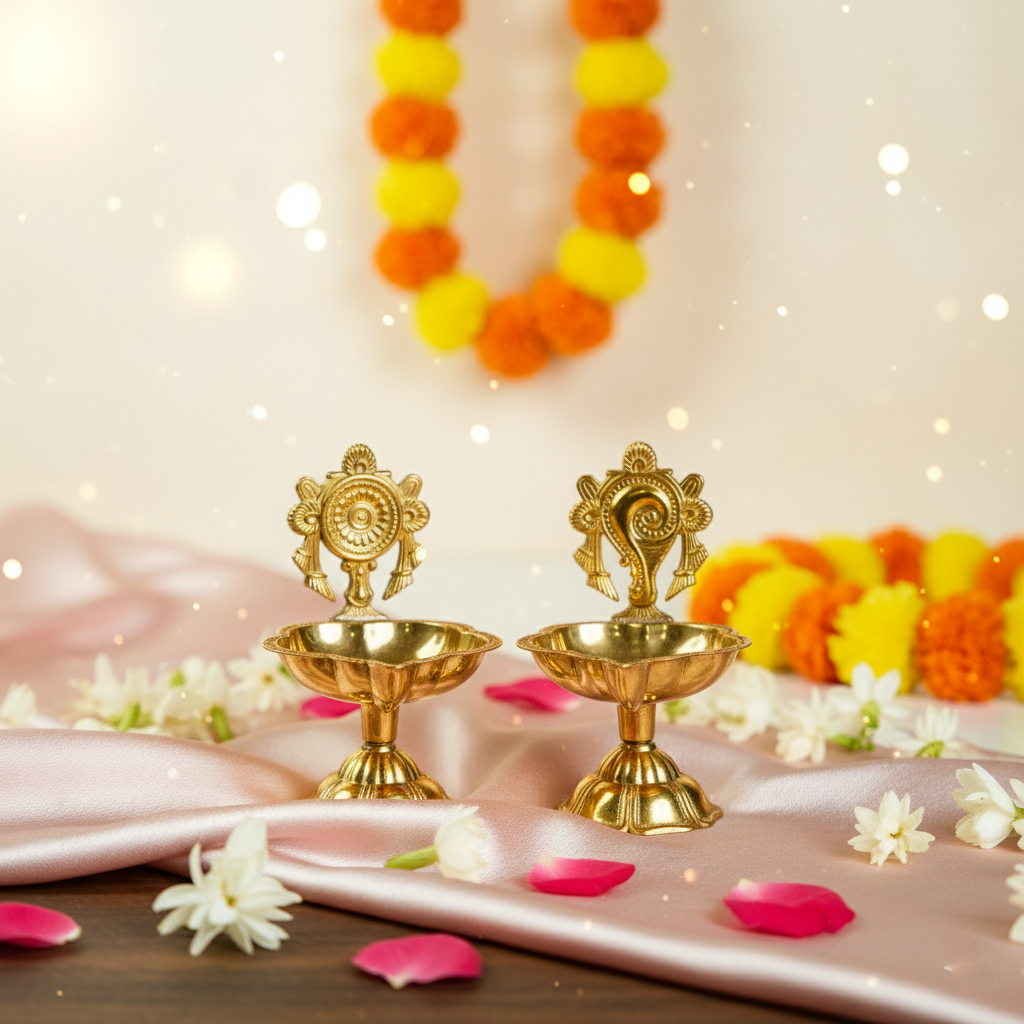 Brass Shankh & Chakra Jyoti Diya-Set of 2