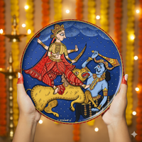 Goddess Durga & demon Folk Art  Wall plate with Wooden Stand - 8 inches