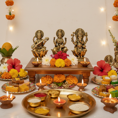 Ganesha, Lakshmi & Saraswati-Trimurti Brass Idol Set of 3