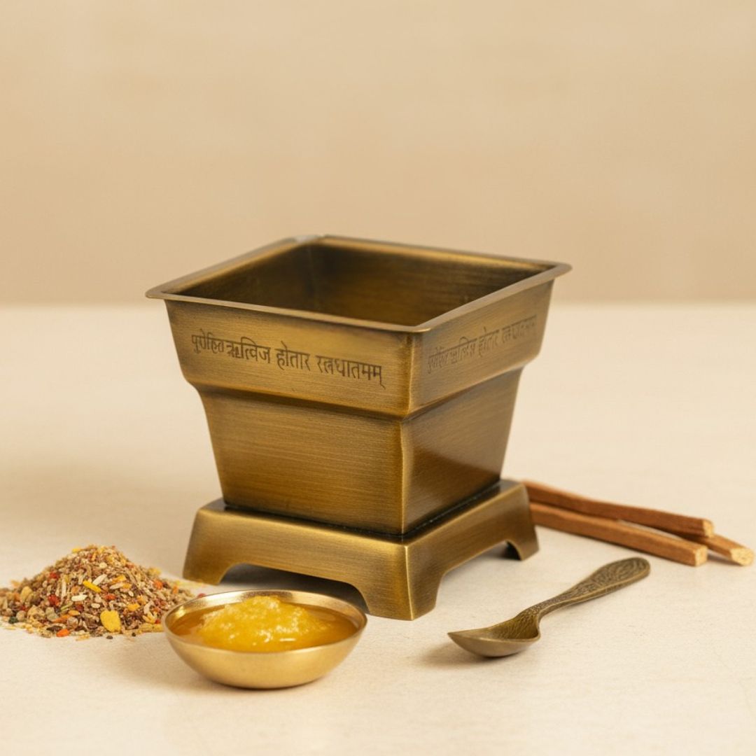Brass Hawan Kund  with Spoon for Vedic Rituals at Home