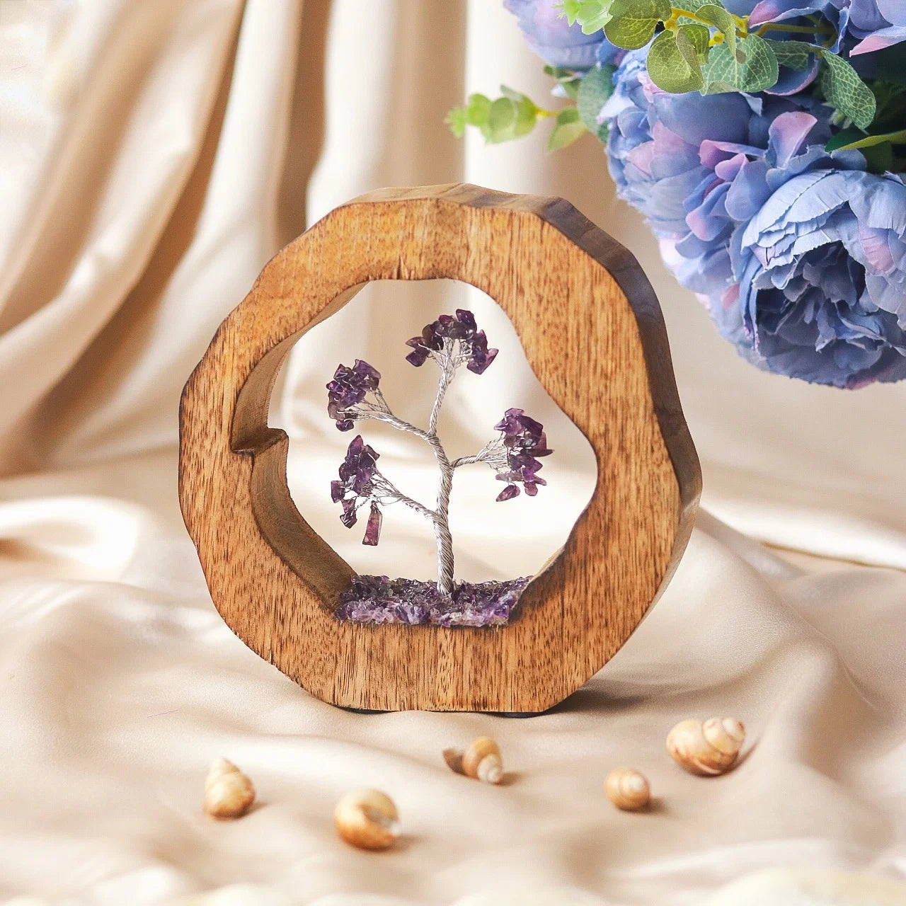 Amethyst Crystal Tree with Wooden Ring – Spiritual Home Decor