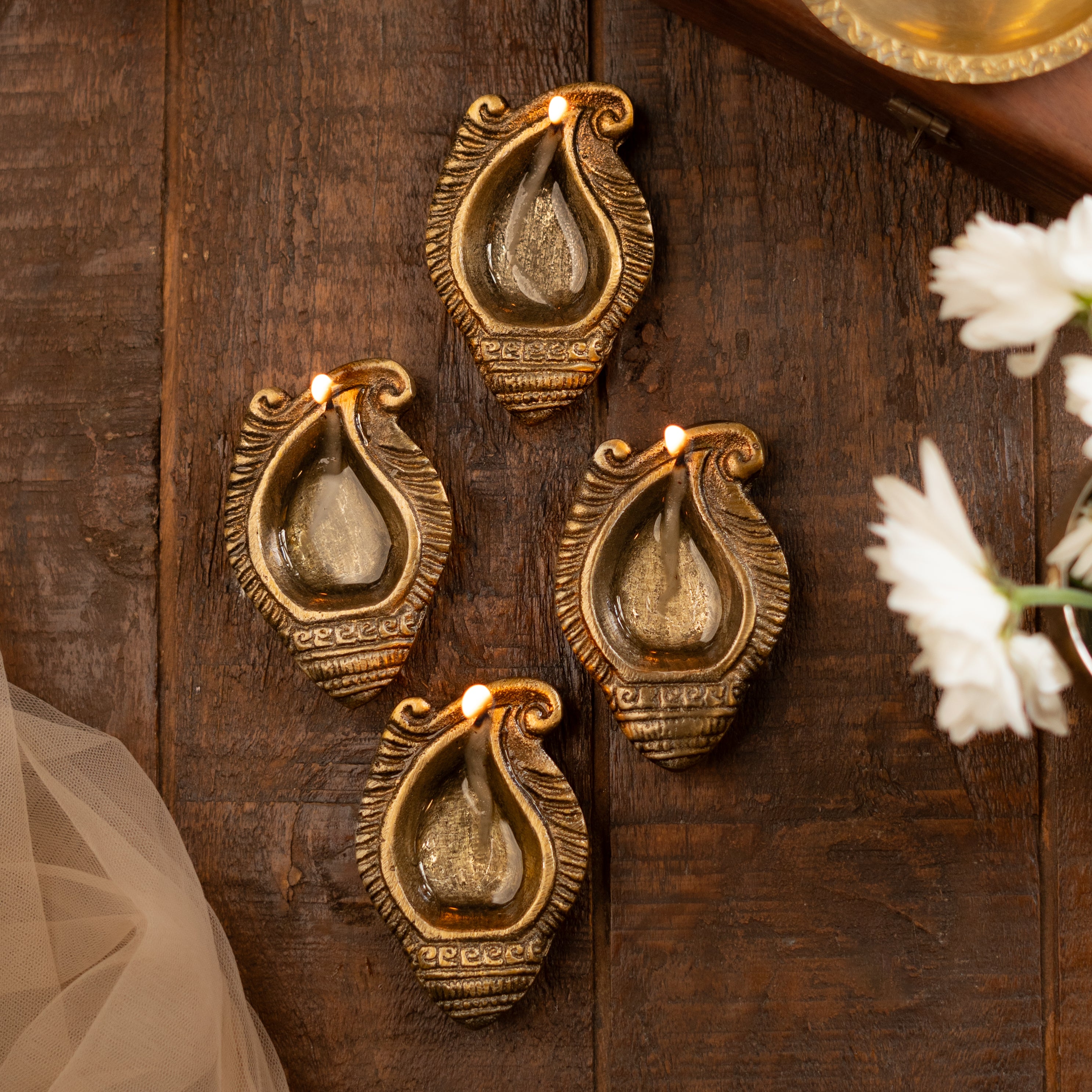 Festive Brass Shankh Diyas- Set of 4- Gift Box