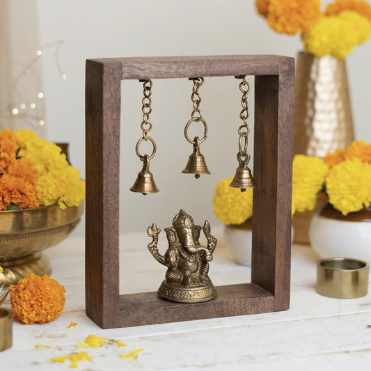 Festive Brass Ganesha Frame with Hanging Bells