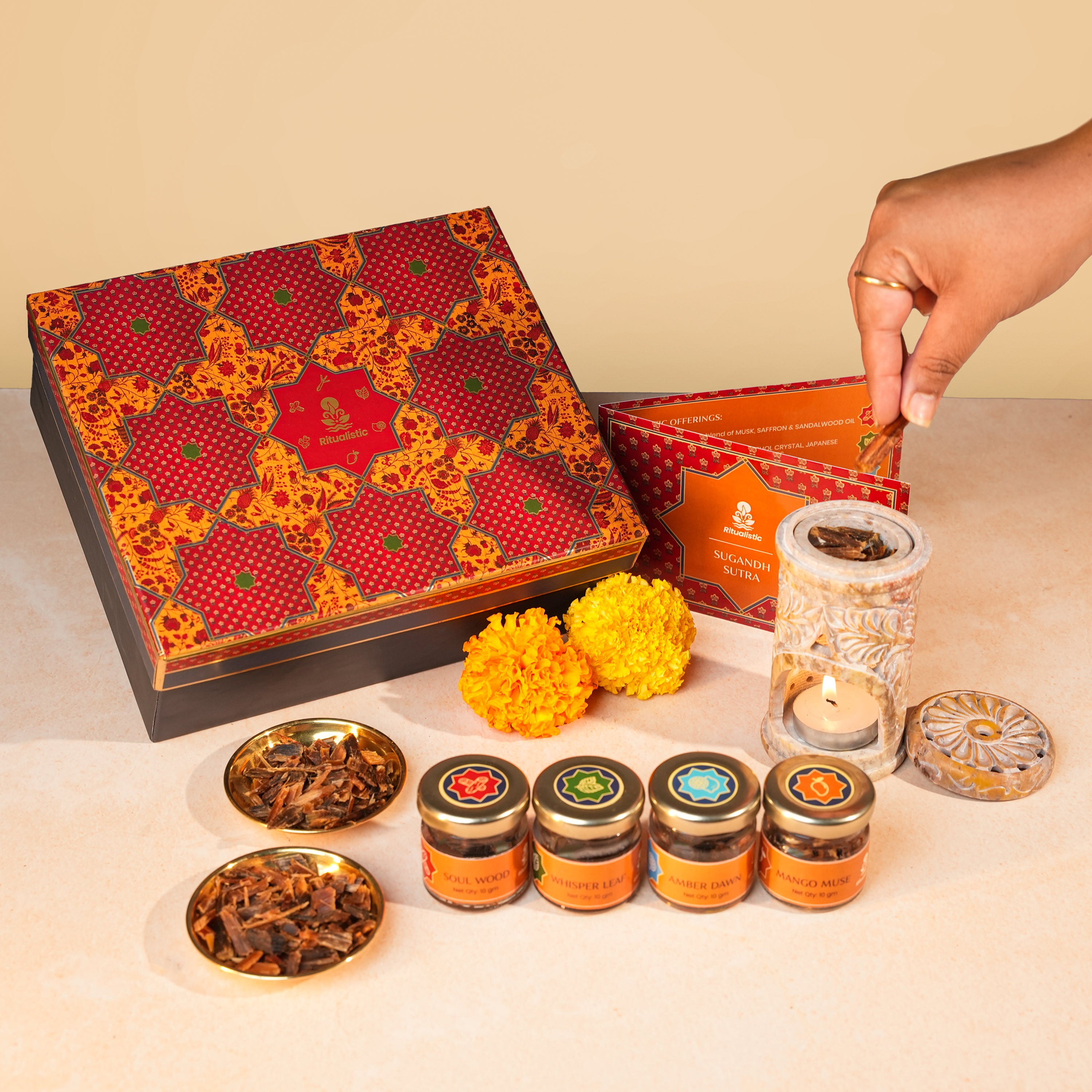 Sugandh-Sutra 5-in-1 Bakhoor Fragrance Ritual Kit - Floral HandCarved Soapstone Burner with 4 unique fragrances (10gms each)