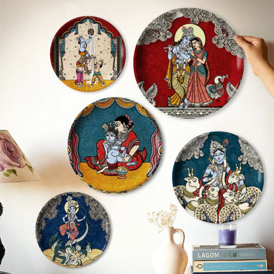 Krishna Kathayein in Kalamkari - Set of 5 Wall Plates