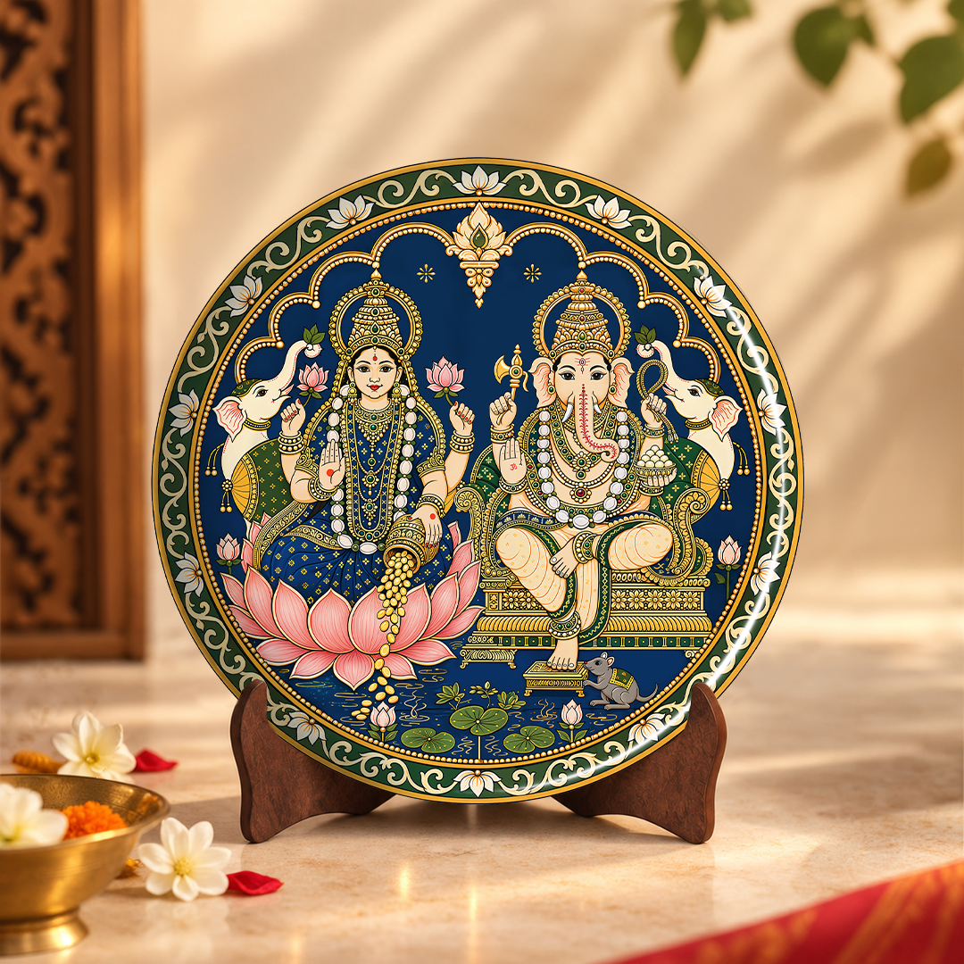 Shree Laxmi Ganesh – Tanjore Art Inspired 8 Inch Table Top Wall Plate with Stand
