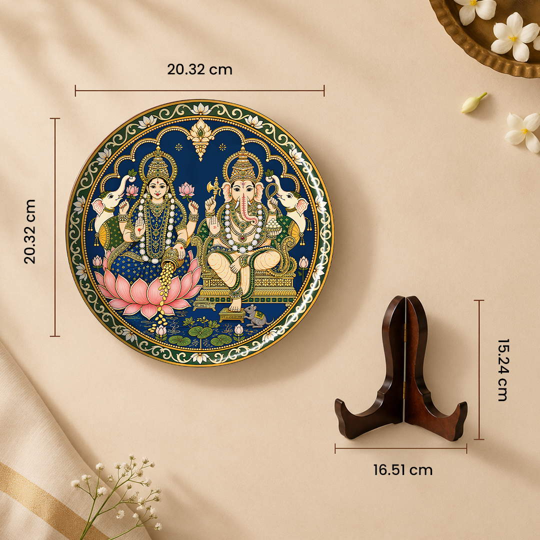 Shree Laxmi Ganesh – Tanjore Art Inspired 8 Inch Table Top Wall Plate with Stand