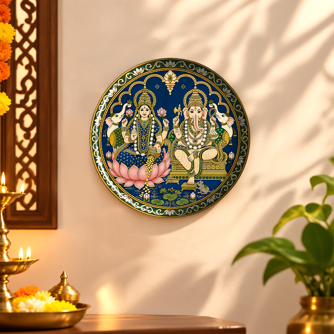 Shree Laxmi Ganesh – Tanjore Art Inspired 8 Inch Table Top Wall Plate with Stand