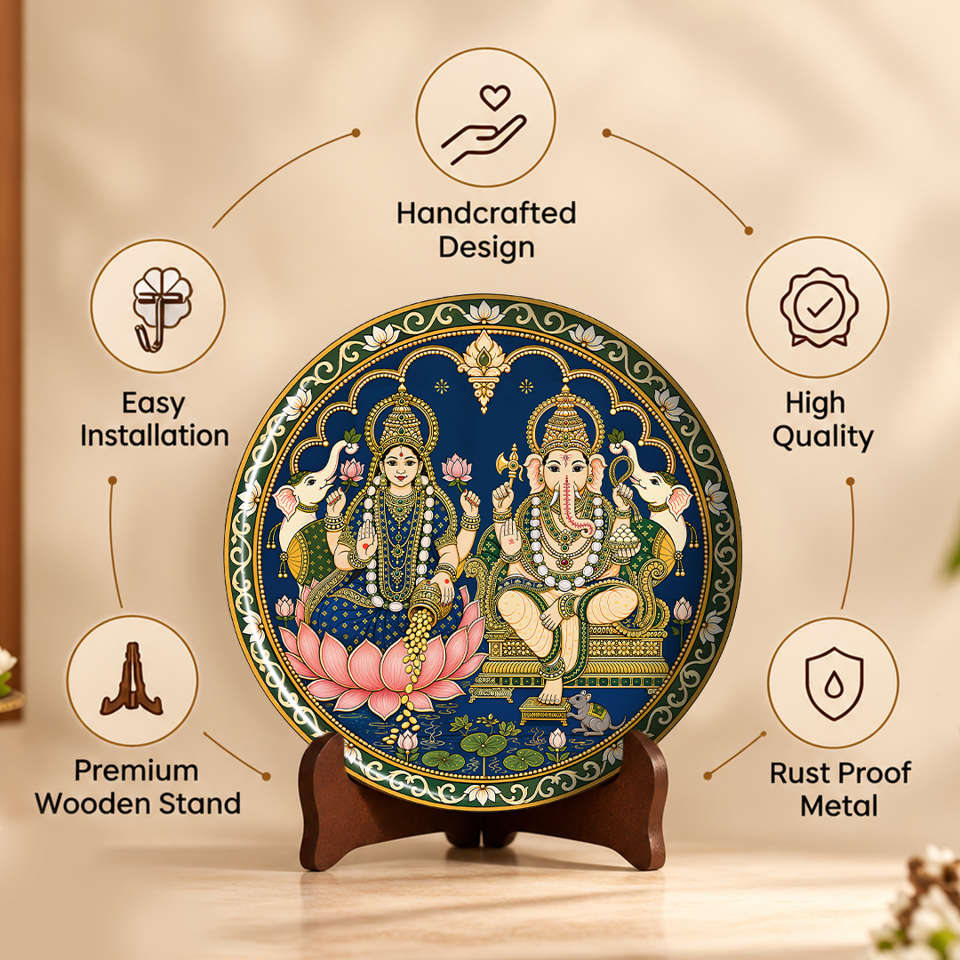 Shree Laxmi Ganesh – Tanjore Art Inspired 8 Inch Table Top Wall Plate with Stand