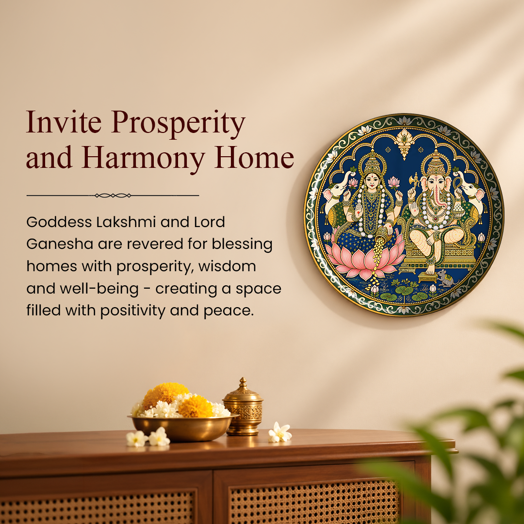 Shree Laxmi Ganesh – Tanjore Art Inspired 8 Inch Table Top Wall Plate with Stand