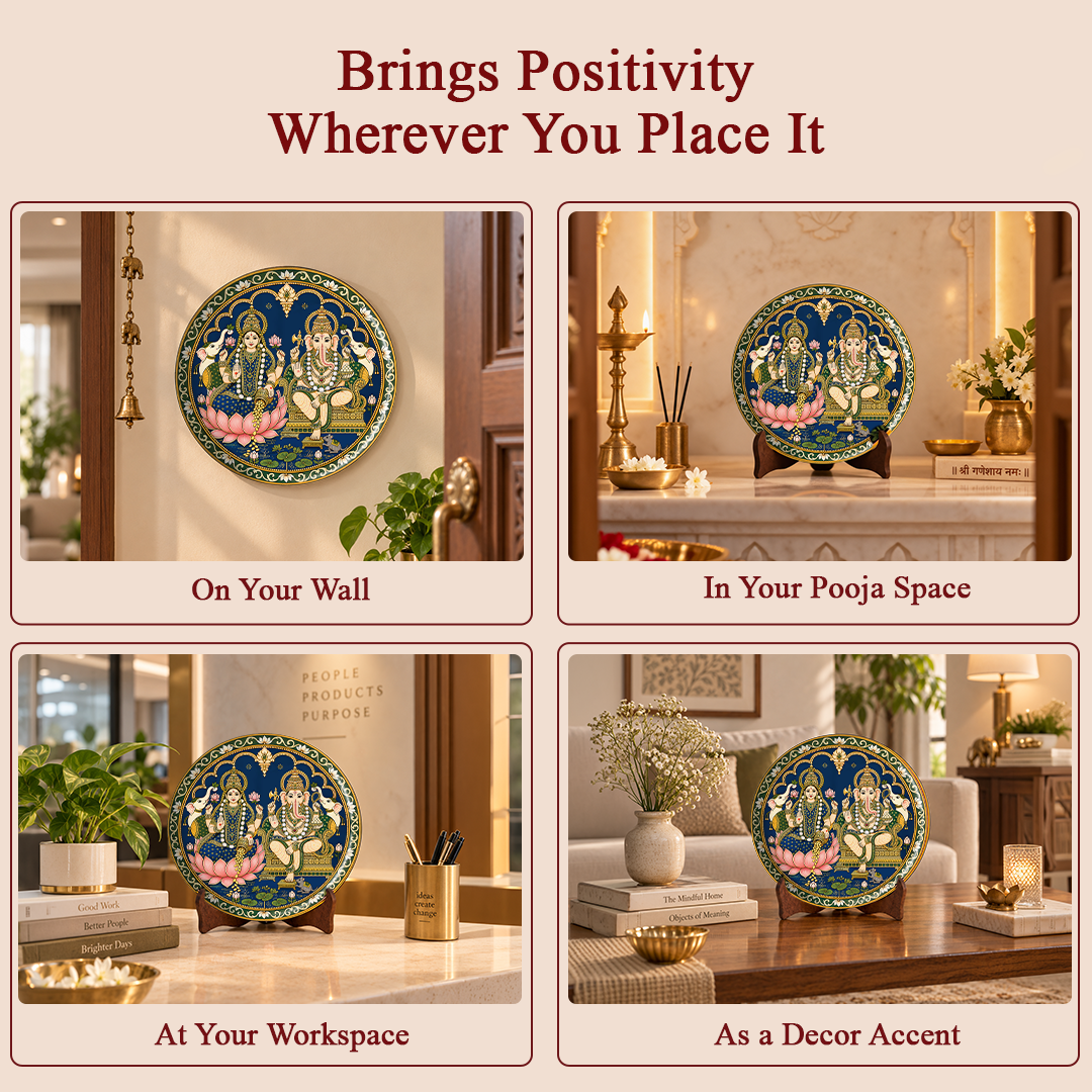 Shree Laxmi Ganesh – Tanjore Art Inspired 8 Inch Table Top Wall Plate with Stand