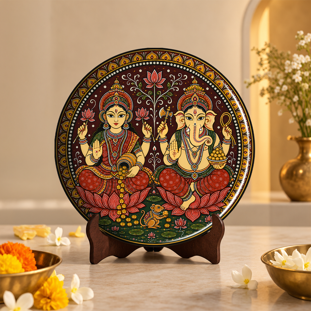 Shree Laxmi Ganesh  – Bengal Art Inspired 8 Inch Table Top Wall Plate with Stand