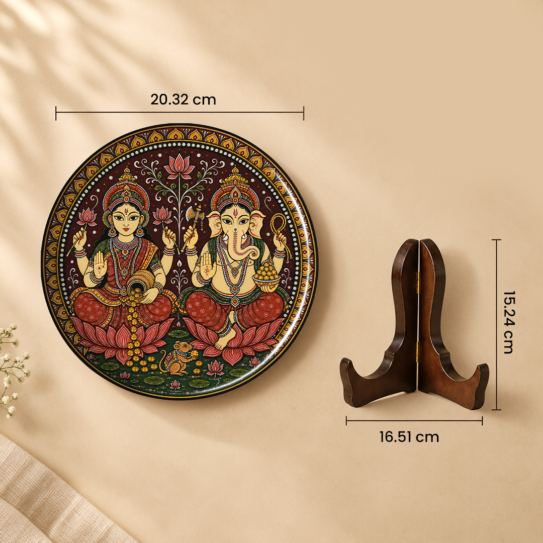Shree Laxmi Ganesh  – Bengal Art Inspired 8 Inch Table Top Wall Plate with Stand